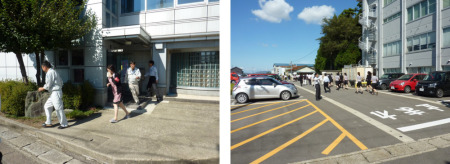 【画像】○避難訓練（２階給湯室からの出火を想定し、駐車場へ避難）