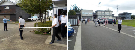 【画像】○避難訓練（２階給湯室からの出火を想定し、駐車場へ避難）