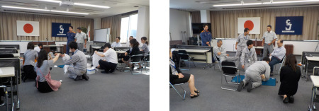 【画像】○砺波消防署様による講習会　　応急処置の方法や熱中症の対処について、実演を交えてわかりやすく説明していただきました。