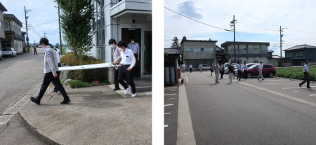 【画像】○避難訓練（２階給湯室からの出火を想定し、駐車場へ避難）